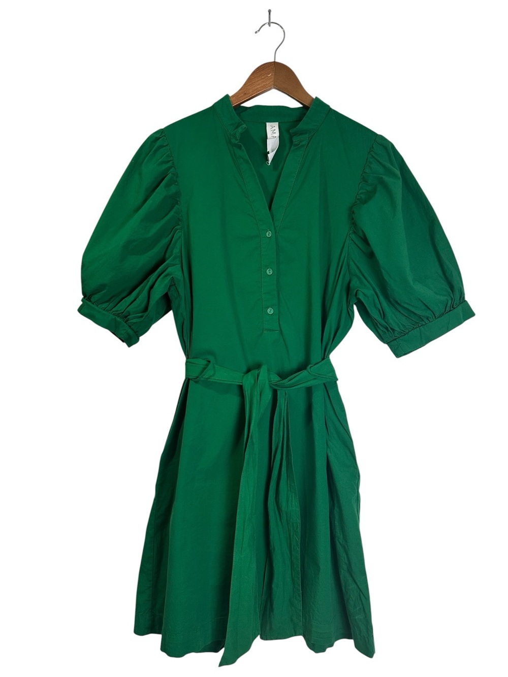 Amadi Anthropologie Women’s S Green Cotton Puff-Sleeve Tie-Waist Dress